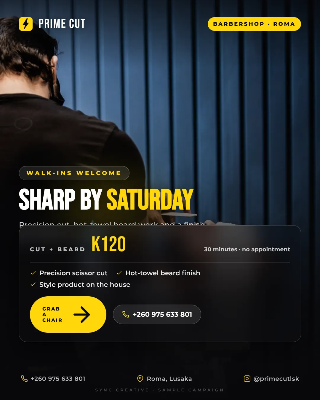 Prime Cut flyer redesigned by SYNC Creative — dark glass style